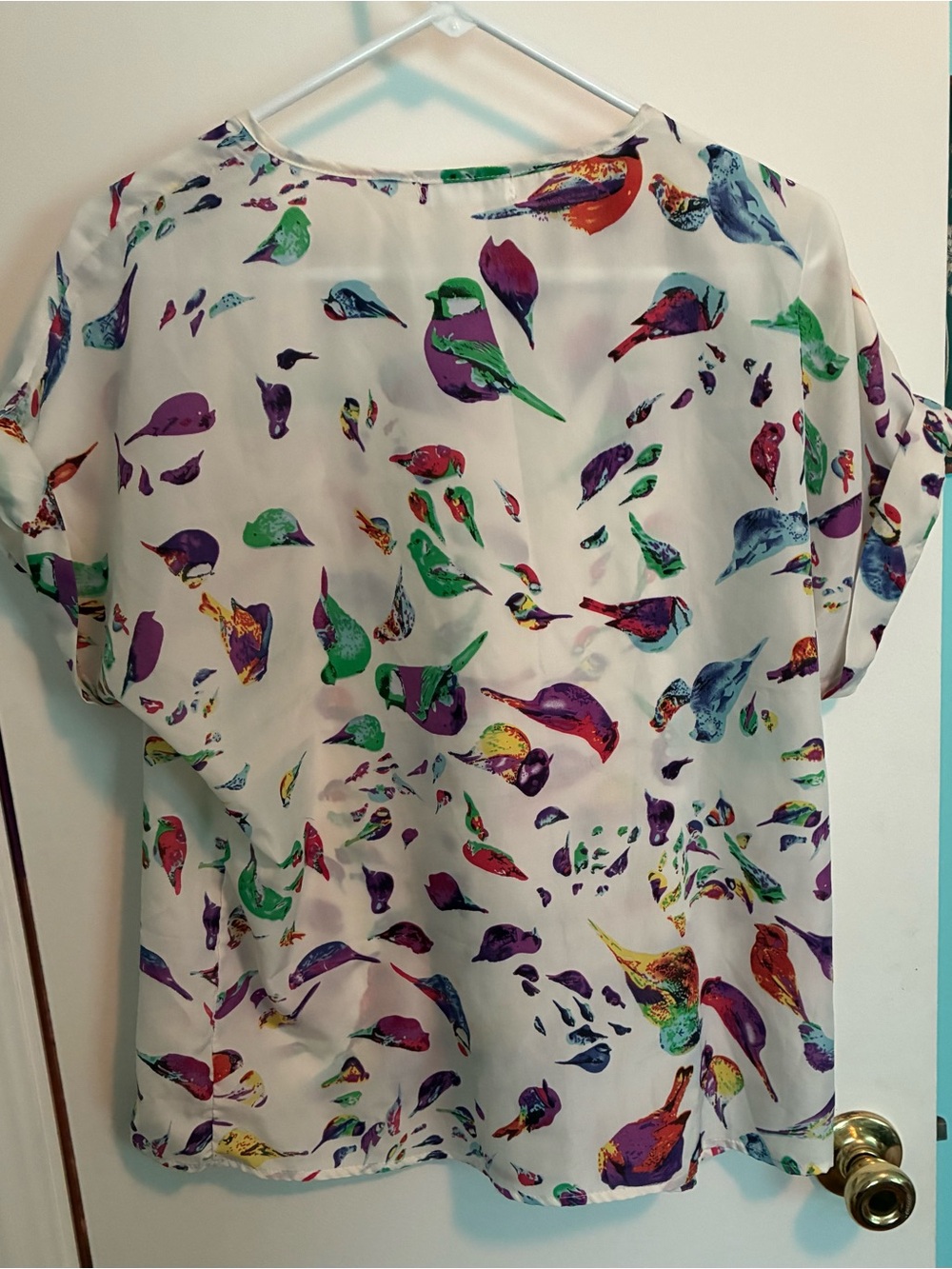 White Multi-Color Bird Print Short Sleeve Blouse by